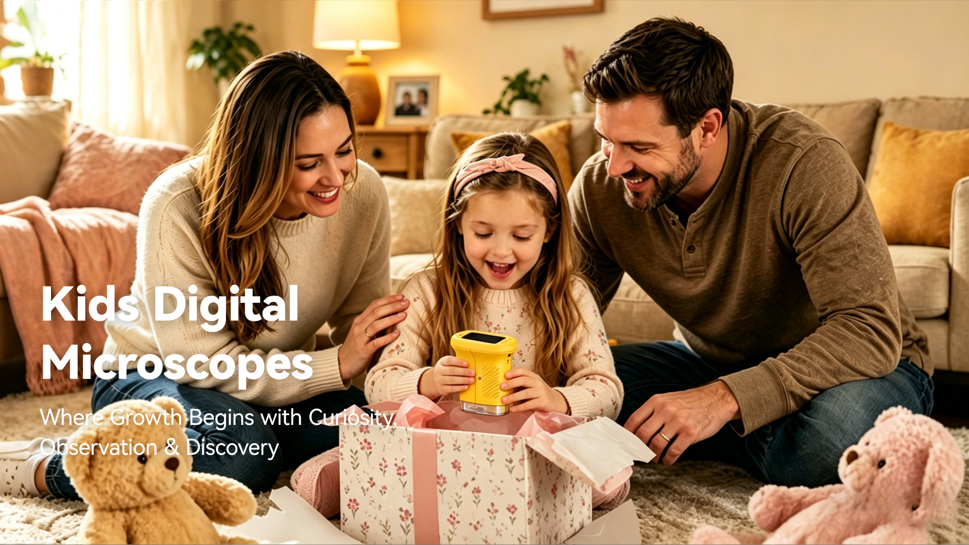 The girl happily gazes at her gift in the box with her families, an Aspoven microscope