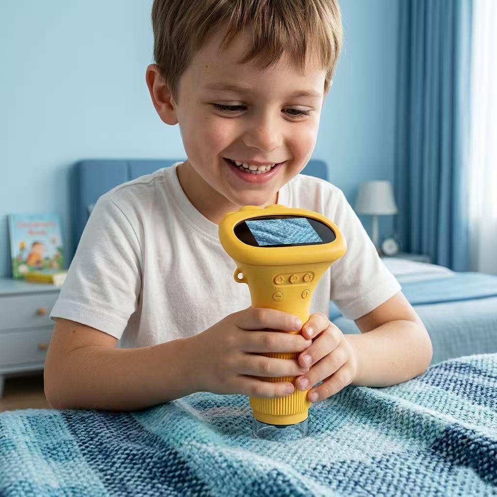 A boy enjoys observing cloths with his ASPOVEN microscope