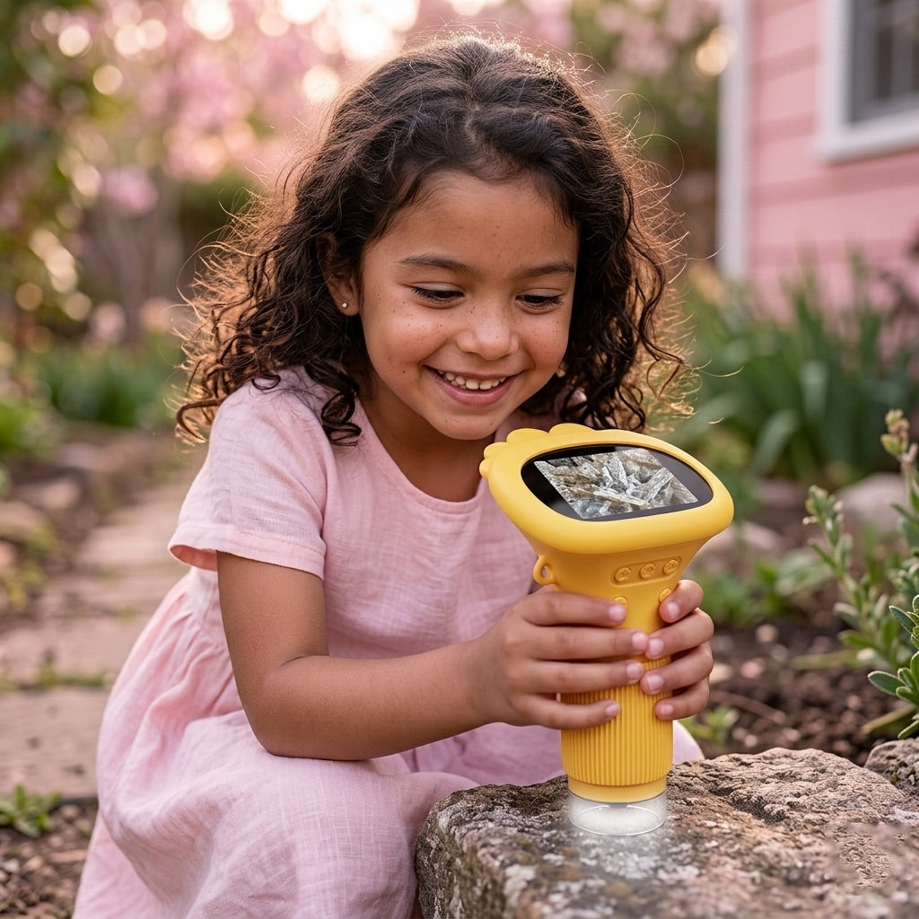 A girl enjoys observing a stone with her ASPOVEN microscope