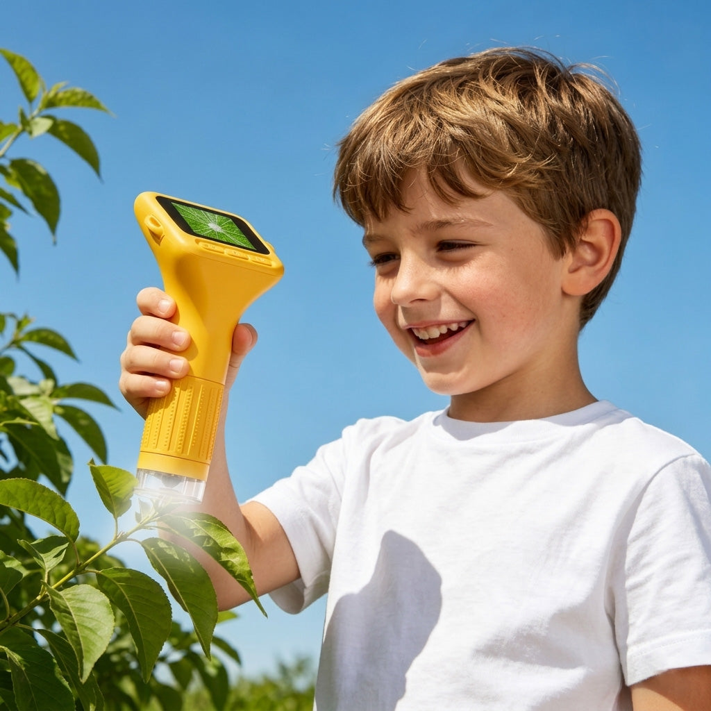A boy enjoys using an ASPOVEN microscope