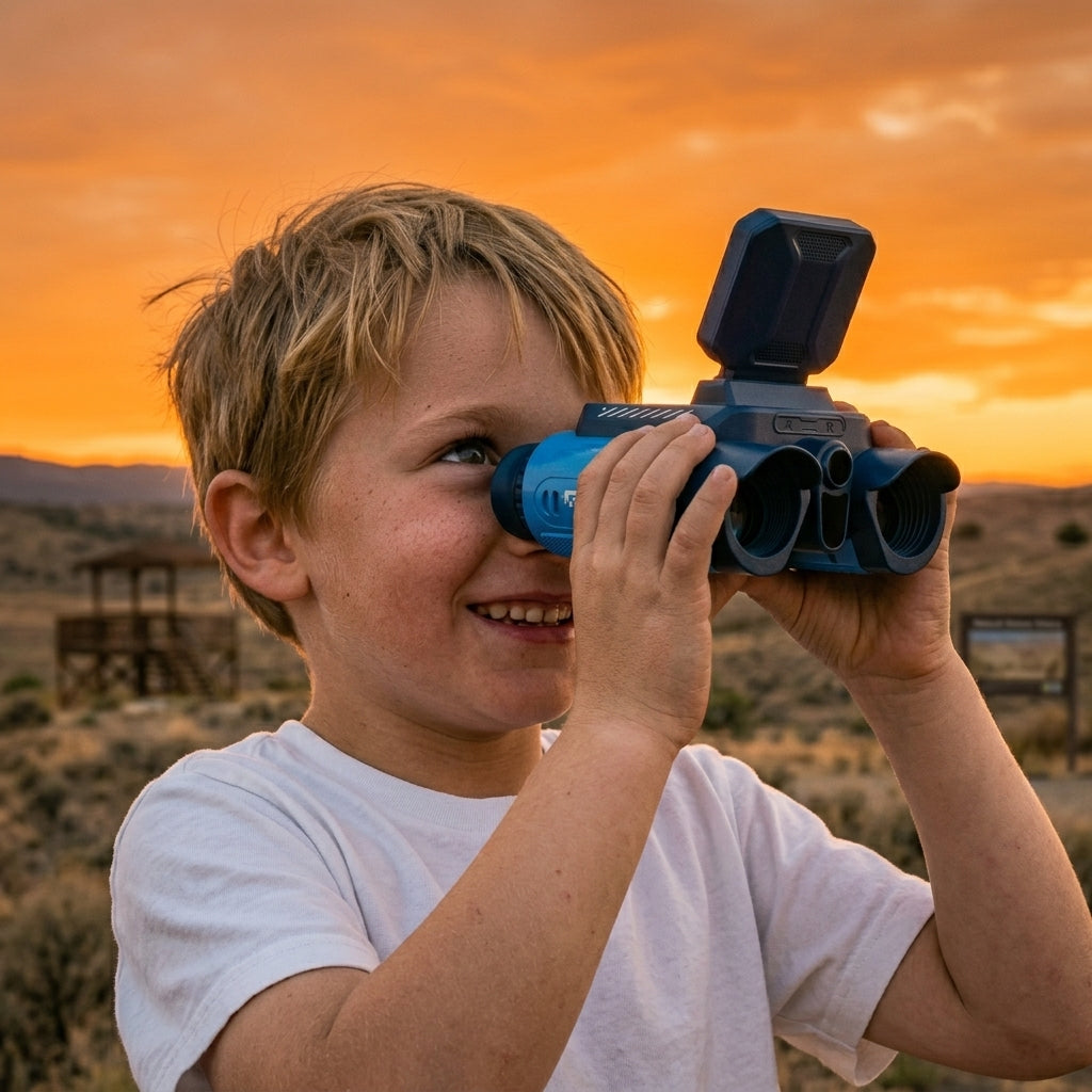 A boy enjoys using an ASPOVEN binocular