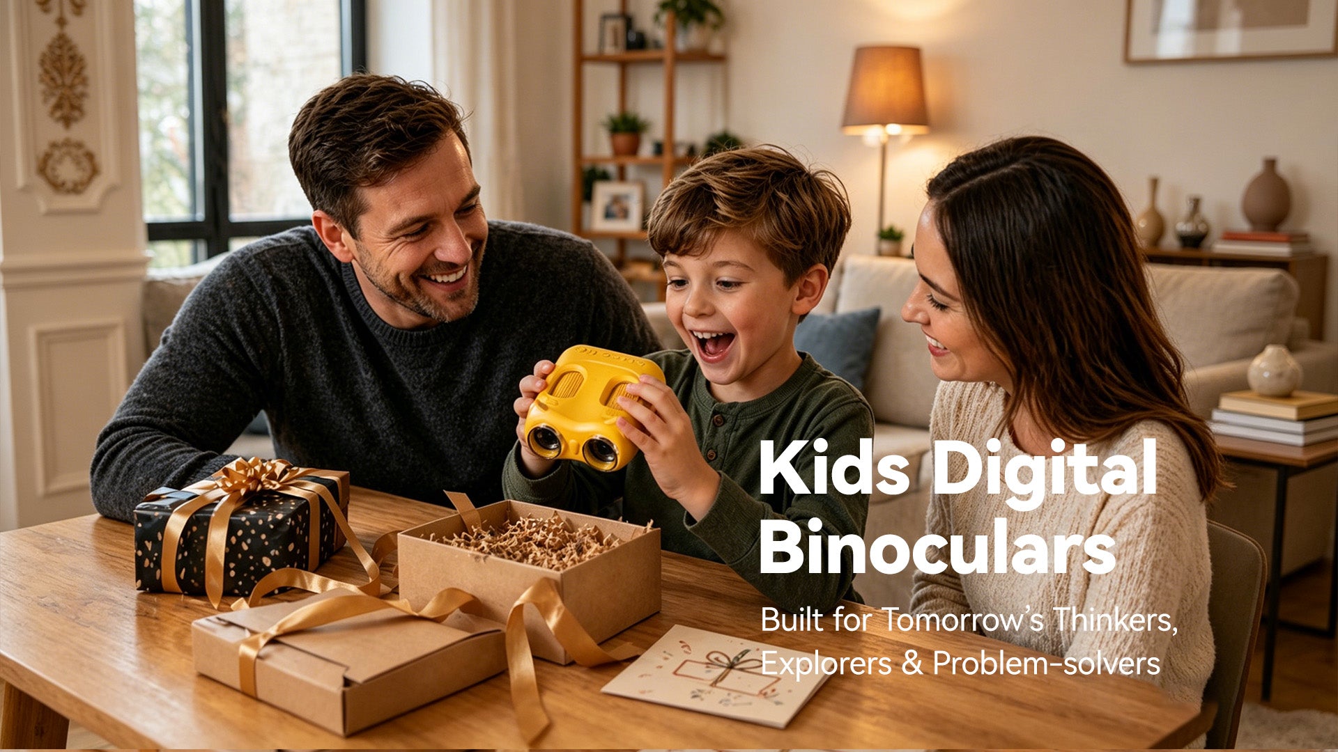 The boy happily gazes at his gift in the box with his families, an Aspoven binocular
